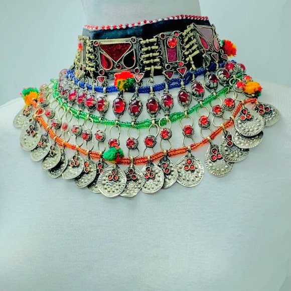 Multicolor Choker Necklace, Tribal Afghan Choker With Silver Dangling Coins - Picture 5 of 7